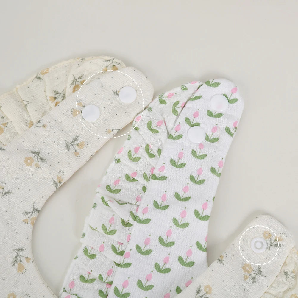 Flower Print Baby Bibs Adjustable Snap Saliva Towel Ruffled Edge Muslin Cotton Burp Cloths Rainbow A Grade Girls Feeding Scarf