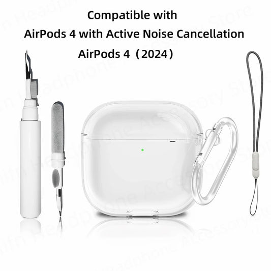 [4 in 1] Case For AirPods 4 with Active Noise Cancellation/2024 New AirPods 4 Case with Keychain & Lanyard Soft TPU Clear Case ﻿